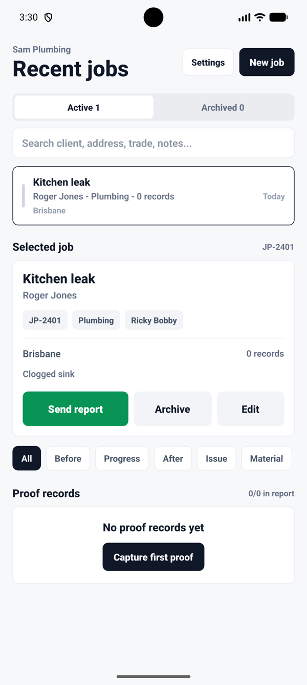 JobProof - Site Reports recent jobs screen