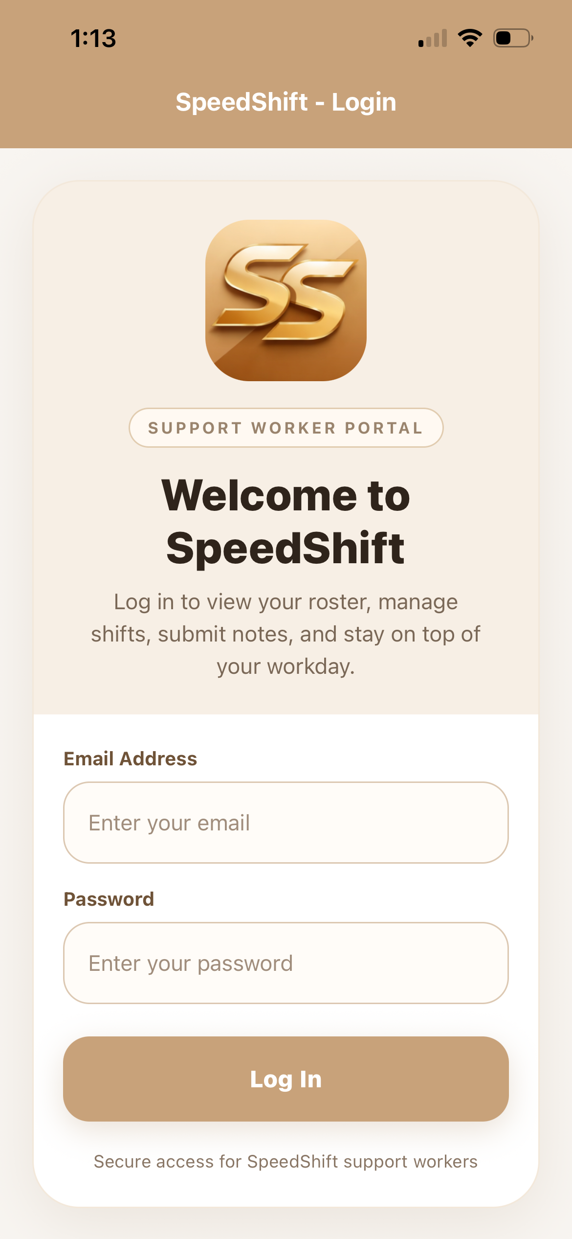 SpeedShift iPhone worker app login screen
