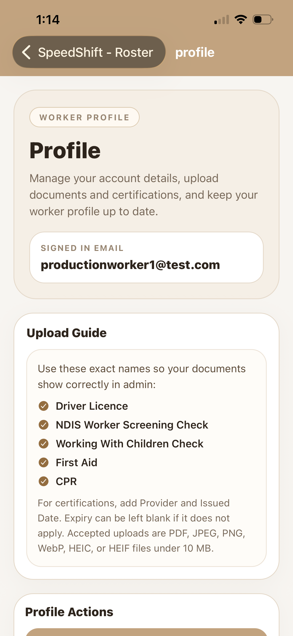 SpeedShift iPhone worker profile screen