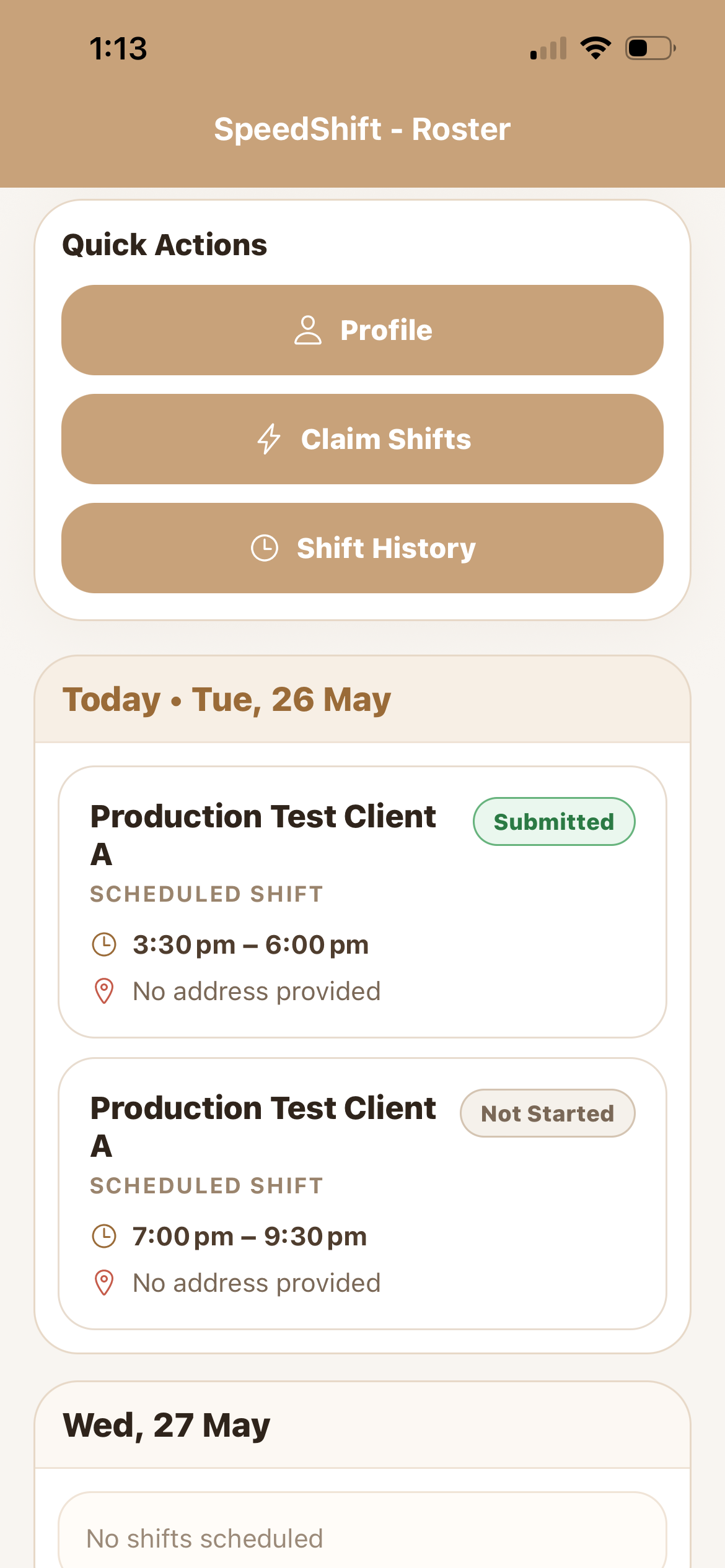 SpeedShift iPhone roster shift list screen