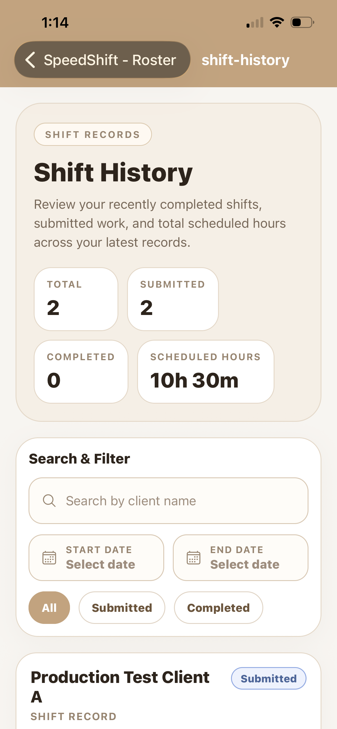 SpeedShift iPhone shift history screen